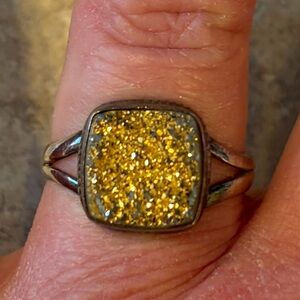 Vintage Gold Druzy Stone Solid Sterling Silver Ring Size 9 1/2 Rare